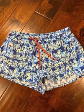 Lilly Pulitzer Blue Elephant Print Athletic Shorts with Orange Drawstring